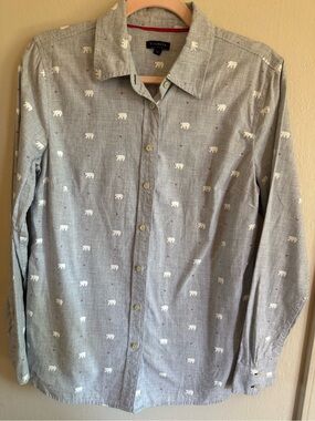 Talbots Light Gray Bear-Print Long-Sleeve Button-Down Shirt